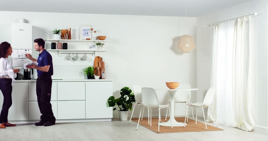 Worcester Bosh boiler installed in modern domestic scandi style kitchen